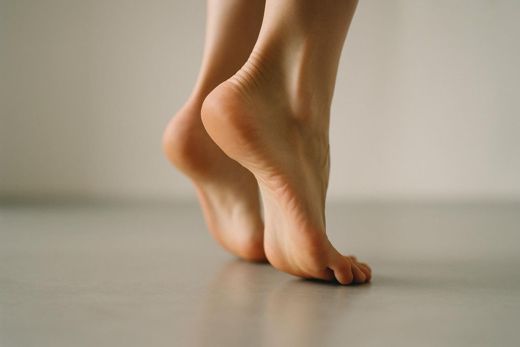 Close-up of a foot performing a single-leg calf raise.