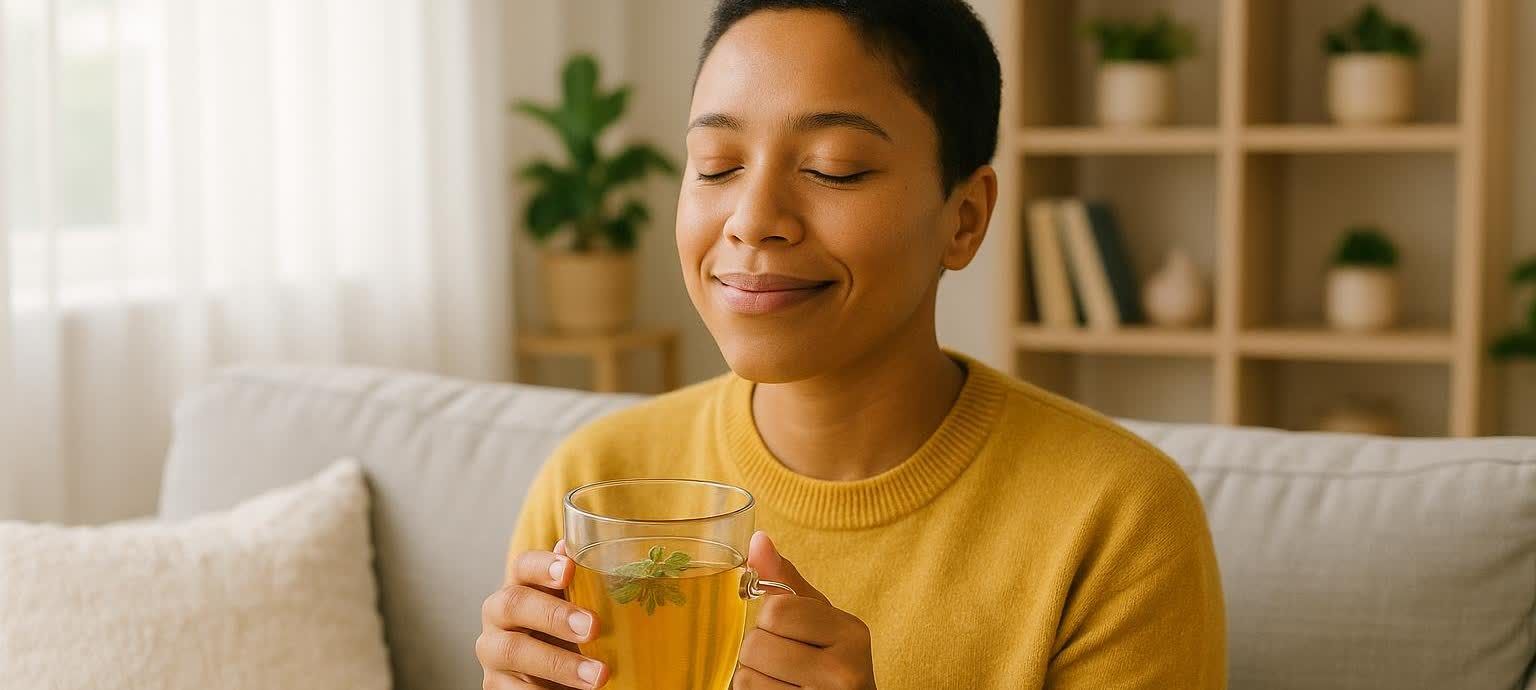 A woman with short dark hair, wearing a mustard yellow sweater, sitting on a light-colored couch. Her eyes are closed, and she has a calm, contented expression as she holds a clear mug of tea with a mint sprig in it. In the background, there is a bookshelf and a houseplant.