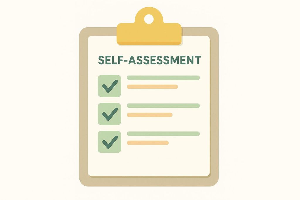 An illustration of a clipboard with a paper titled 'SELF-ASSESSMENT'. Below the title are three lines of text, each with a checked box next to it, indicating completed items.