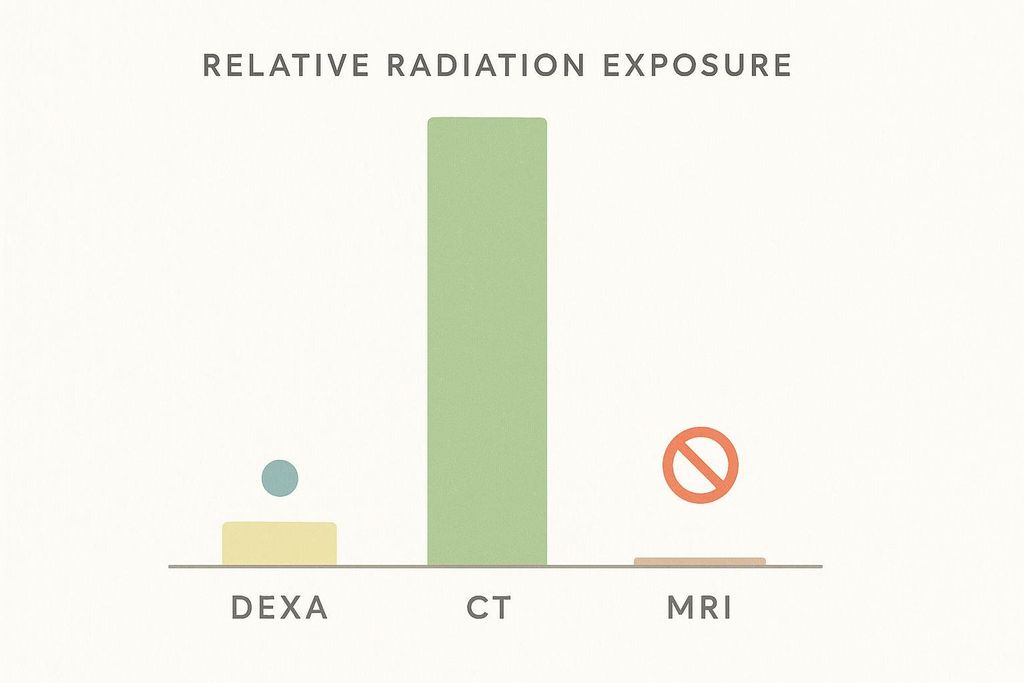 An minimalist bar chart shows comparative radiation exposure levels of DEXA, CT, and MRI scans. DEXA shows very little exposure with a low bar and small circle. CT shows high exposure with a tall bar. MRI shows no exposure with a flat line and a crossed-out circle.