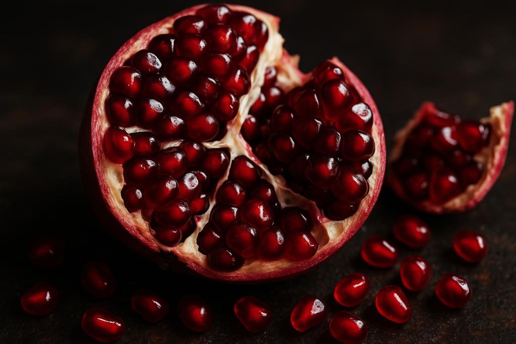 A close-up of a broken pomegranate with its vibrant red seeds clearly visible and some seeds scattered on a dark surface.