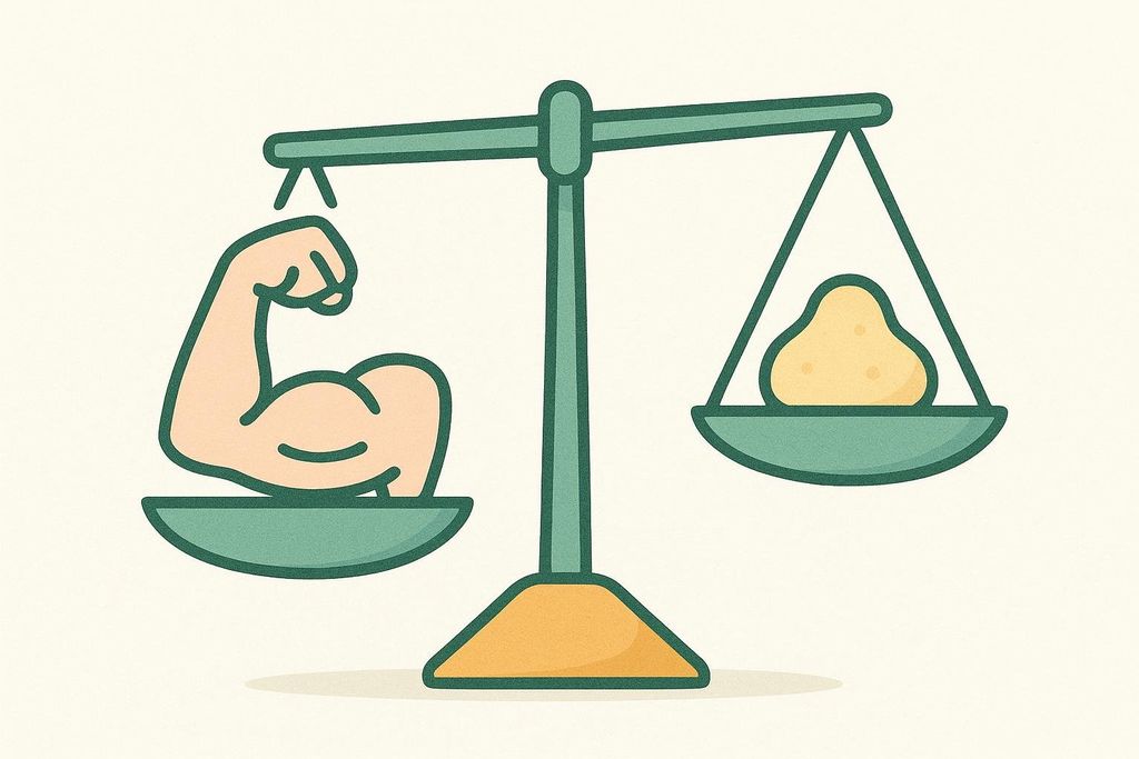 An illustration showing a scale with a muscular arm on one side, weighing down a blob of fat on the other side, symbolizing muscle being favored over fat for a successful lean bulk.