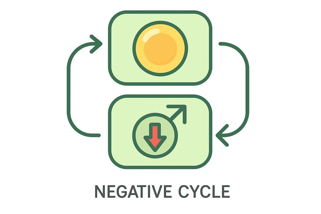 Diagram depicting a negative feedback cycle. The top light-green rectangle contains a yellow circular shape, representing fat. Arrows curve downwards and to the left, pointing to a lower light-green rectangle. This lower rectangle contains a red downward arrow inside a male gender symbol, representing decreased testosterone. Arrows then curve upwards and to the right from this lower rectangle, pointing back to the top rectangle, completing the cycle. The phrase 'NEGATIVE CYCLE' is written in black text below the rectangles.