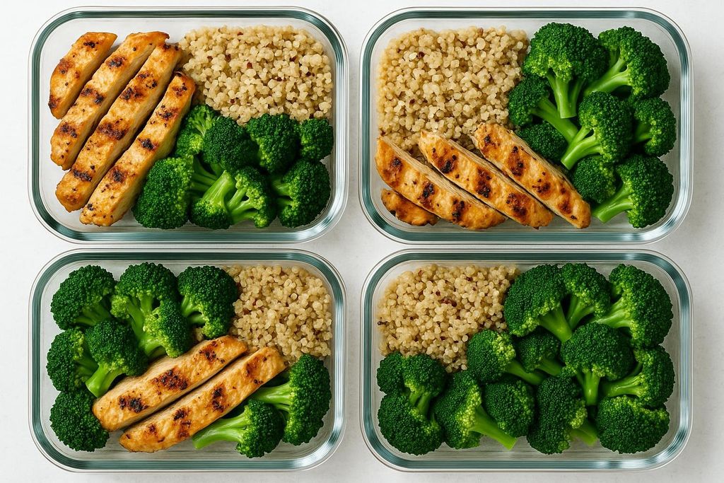 Four clear glass meal prep containers arranged in a grid, each filled with healthy portions of grilled chicken slices, vibrant green broccoli florets, and light brown quinoa. The chicken shows grill marks, and the food appears neatly arranged.