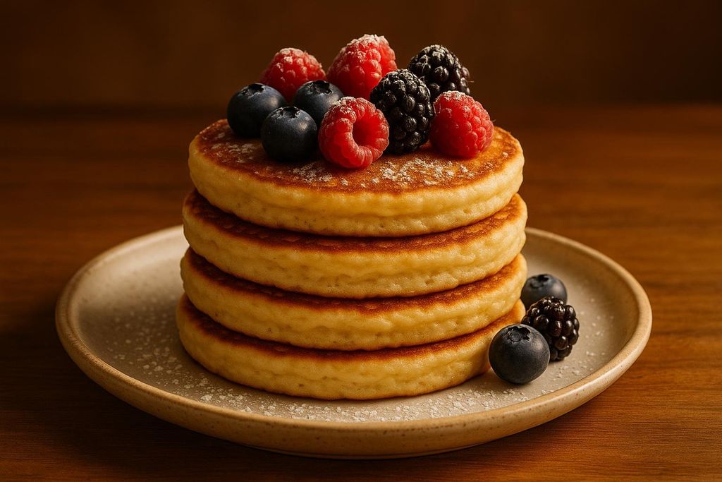 A stack of four golden-brown pancakes, lightly dusted with powdered sugar, and topped with fresh raspberries, blackberries, and blueberries. Additional blueberries and blackberries sit on the plate next to the pancake stack, all on a wooden surface.
