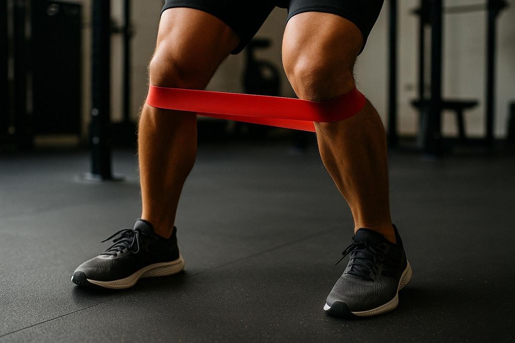 A close-up of a personal performing a lateral band walk exercise, with a red resistance band wrapped around their knees.