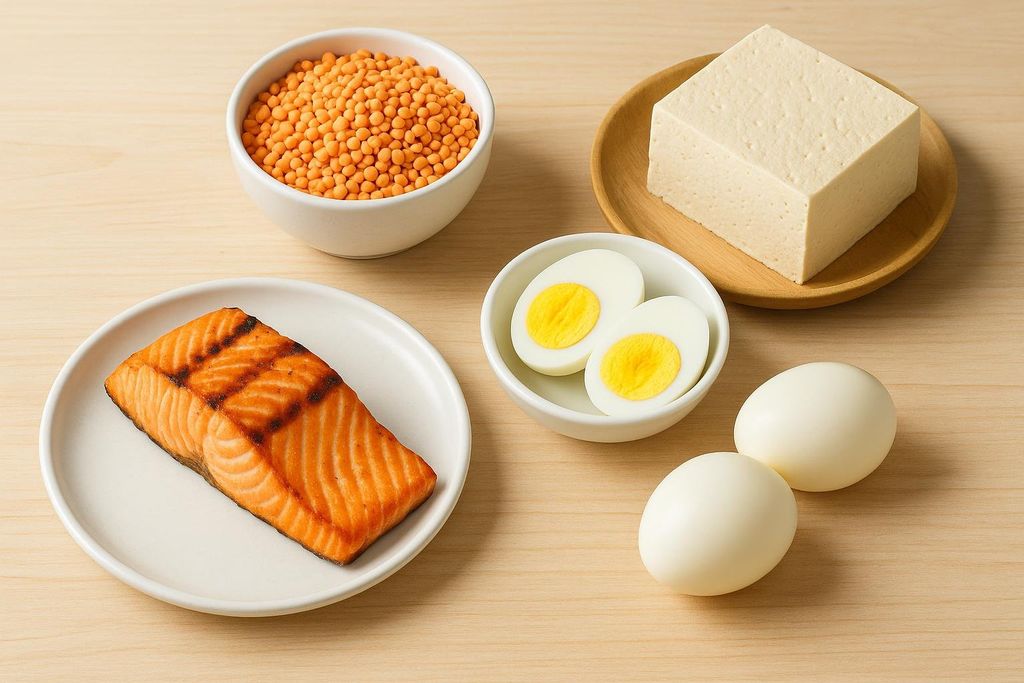 A flat lay of high-protein foods including grilled salmon, a bowl of red lentils, a block of tofu, a bowl with two halves of a hard-boiled egg, and two whole hard-boiled eggs, all arranged on a light wooden surface.