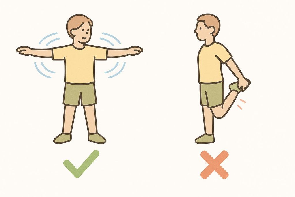 A diagram shows two figures. The left figure performs dynamic arm circles with a green checkmark, indicating it's good for a warm-up. The right figure performs a static quad stretch with a red X, indicating it should be saved for a cool-down.