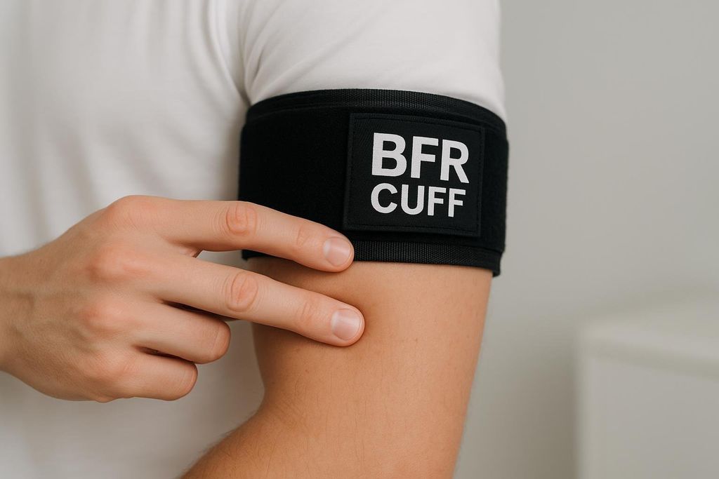 A close-up photo shows a person's arm wearing a black BFR cuff. Two fingers are inserted underneath the cuff to demonstrate the correct tightness.