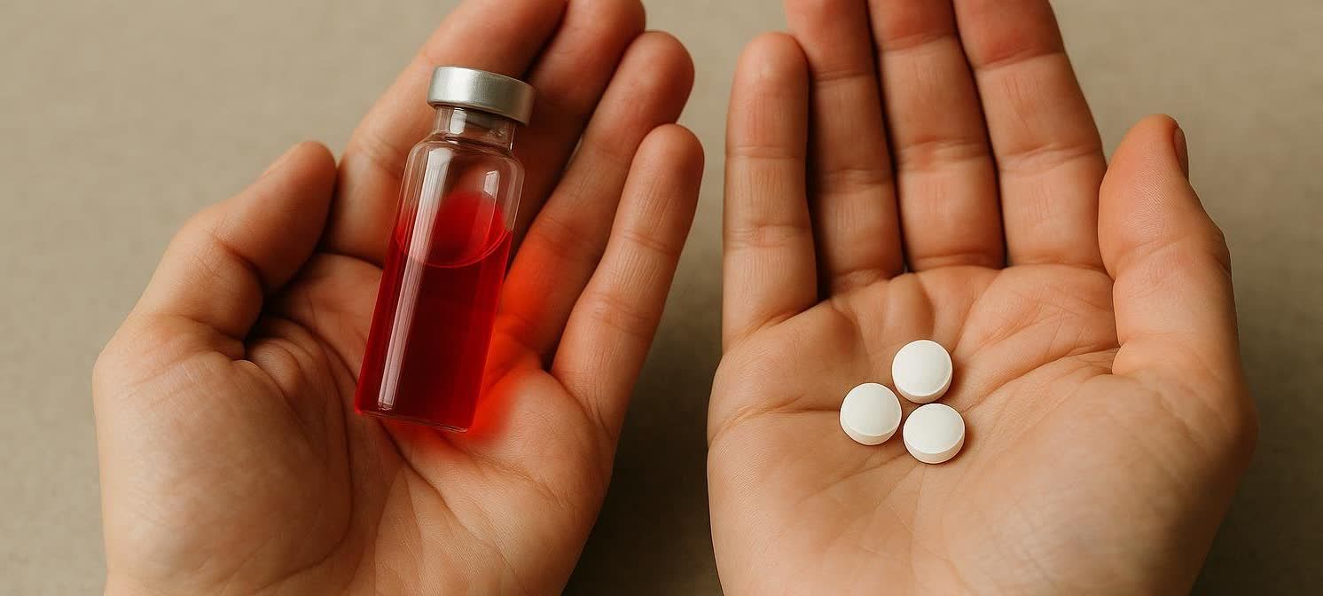 A person holds a red liquid B12 injection vial in one hand and three white oral B12 pills in the other, demonstrating the two different treatment options.
