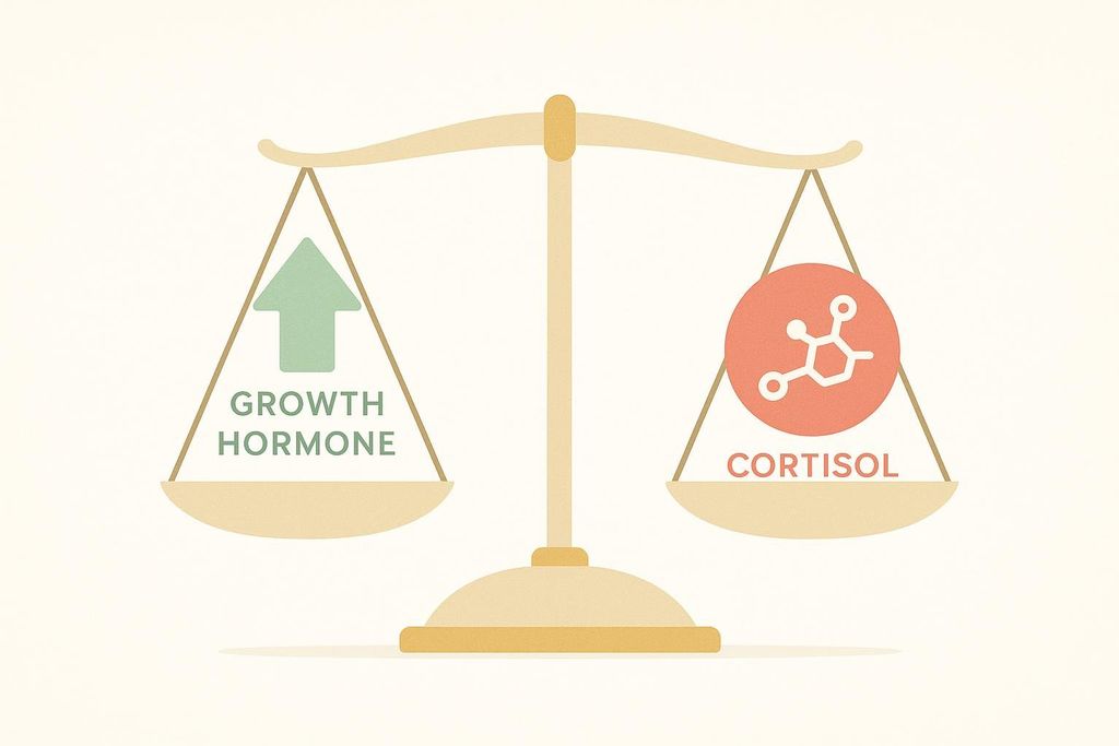An illustration of a golden balancing scale. The left pan shows 'Growth Hormone' with an upward-pointing arrow, indicating an increase. The right pan shows 'Cortisol' with a molecular structure symbol, indicating its presence. The scale is level, suggesting a balance between the two hormones.