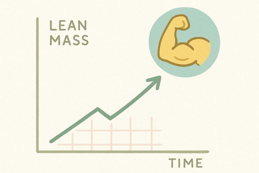 A line graph illustrating the increase in lean mass over time, with a muscle icon displayed at the top of the upward trend.