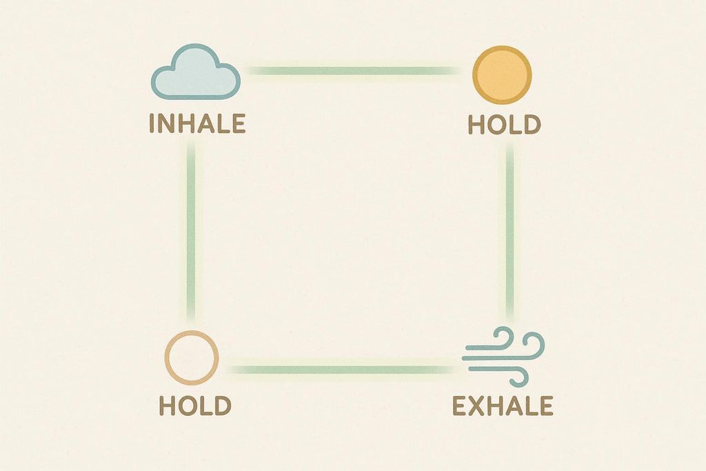 A visual guide illustrating box breathing with icons and text: 'Inhale' with a cloud, 'Hold' with a solid circle, 'Exhale' with wind symbols, and another 'Hold' with an outlined circle, arranged in a square pattern.