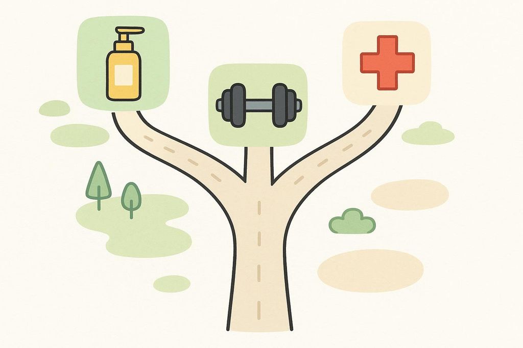 A fork in the road leading to different goals for peptide use, represented by icons: a bottle of lotion for skincare, a dumbbell for performance, and a red cross for medical treatment.