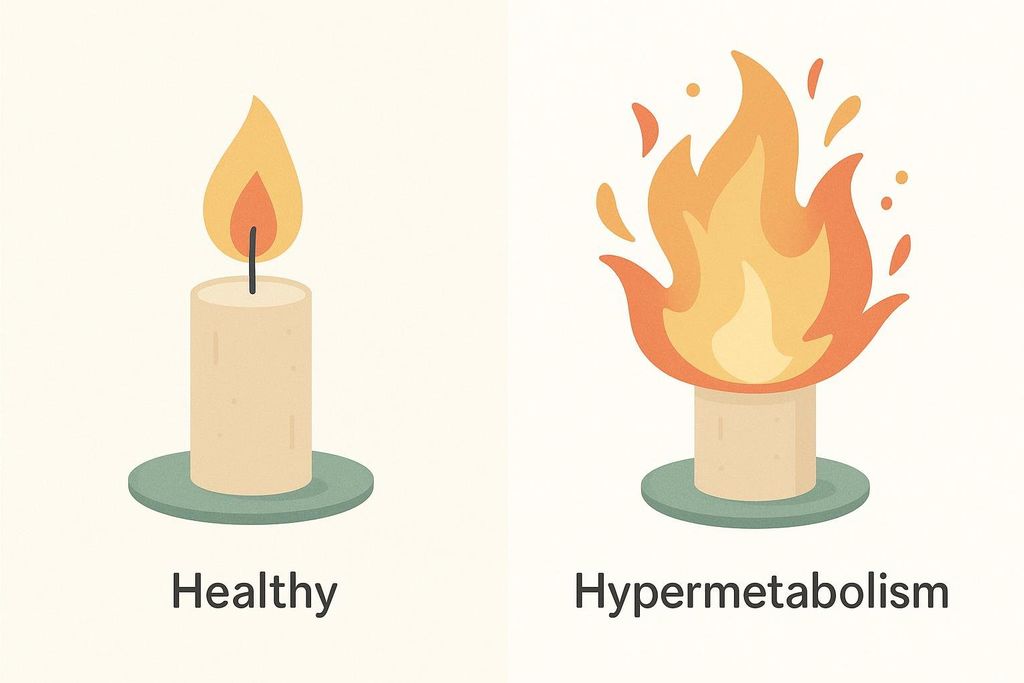 An illustration comparing a healthy metabolism to hypermetabolism. On the left, a lit candle with a normal flame is labeled "Healthy." On the right, a wider candle or base with a much larger and more erratic flame is labeled "Hypermetabolism."