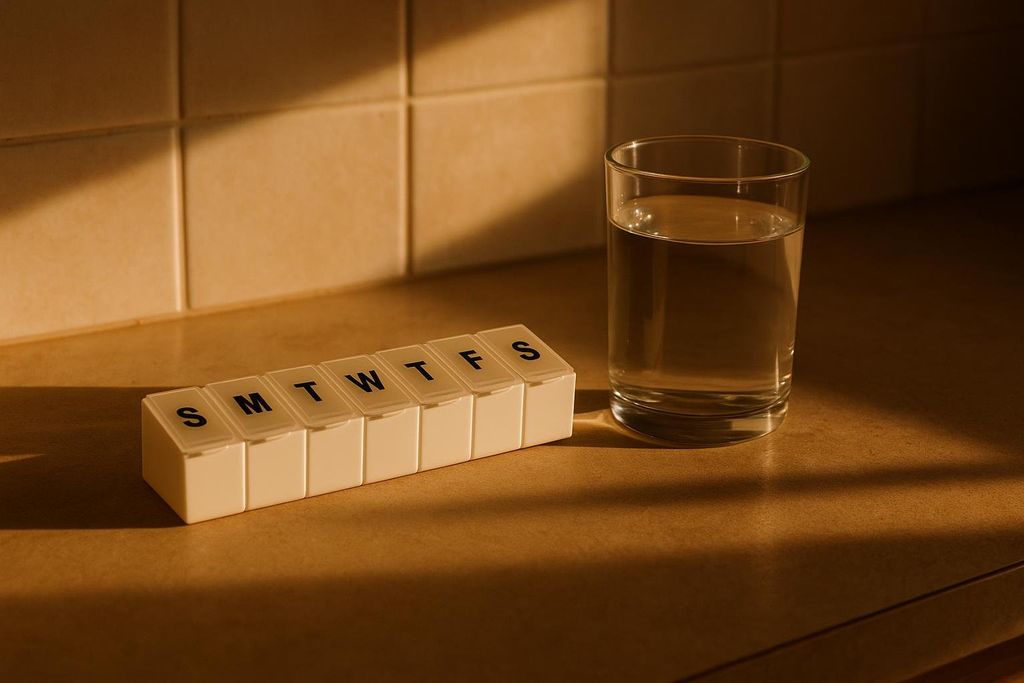 A beige weekly pill organizer with daily labels (S, M, T, W, T, F, S) sits next to a clear glass of water on a warm-toned counter. Sunlight casts strong shadows, highlighting the scene.