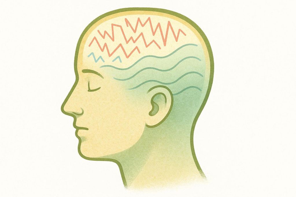An illustration showing a human head with eyes closed and the brain inside calming down, depicted by chaotic red lines transitioning to smooth blue waves, symbolizing the brain entering a deep sleep stage.