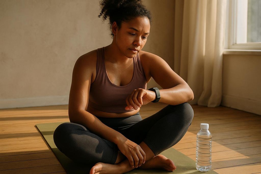 A woman with curly dark hair sits cross-legged on a yoga mat in a sunlit room, wearing a sports bra and leggings, intently looking down at her black fitness tracker on her left wrist. A clear water bottle is on the wooden floor next to her.