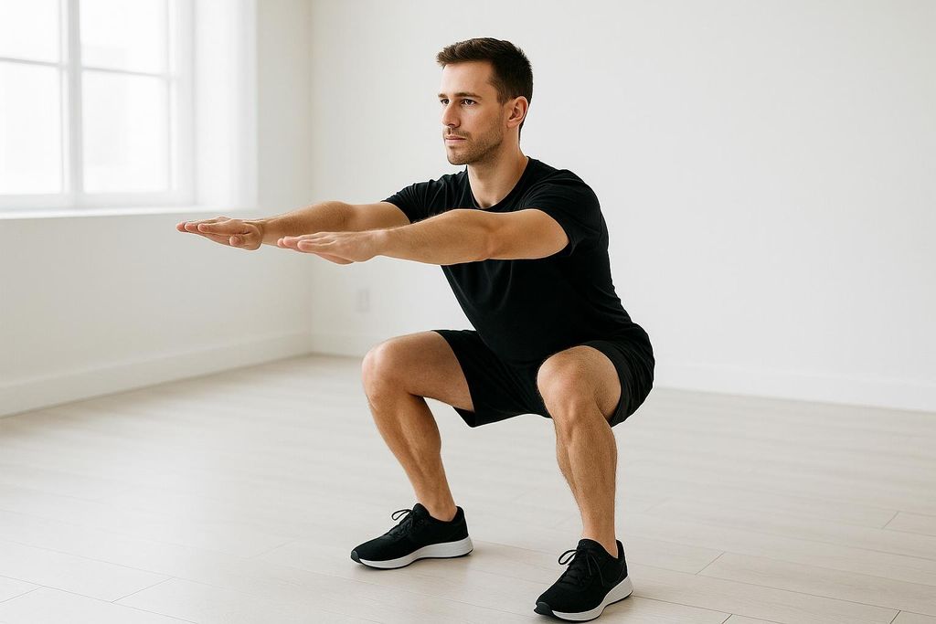 A man in a black shirt and shorts performs a bodyweight squat with arms extended forward.