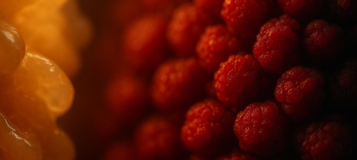 A close-up, artistic macro photograph featuring brightly lit red berries or fruit textures on the right, contrasting with a soft, blurred, glowing golden yellow texture on the left.