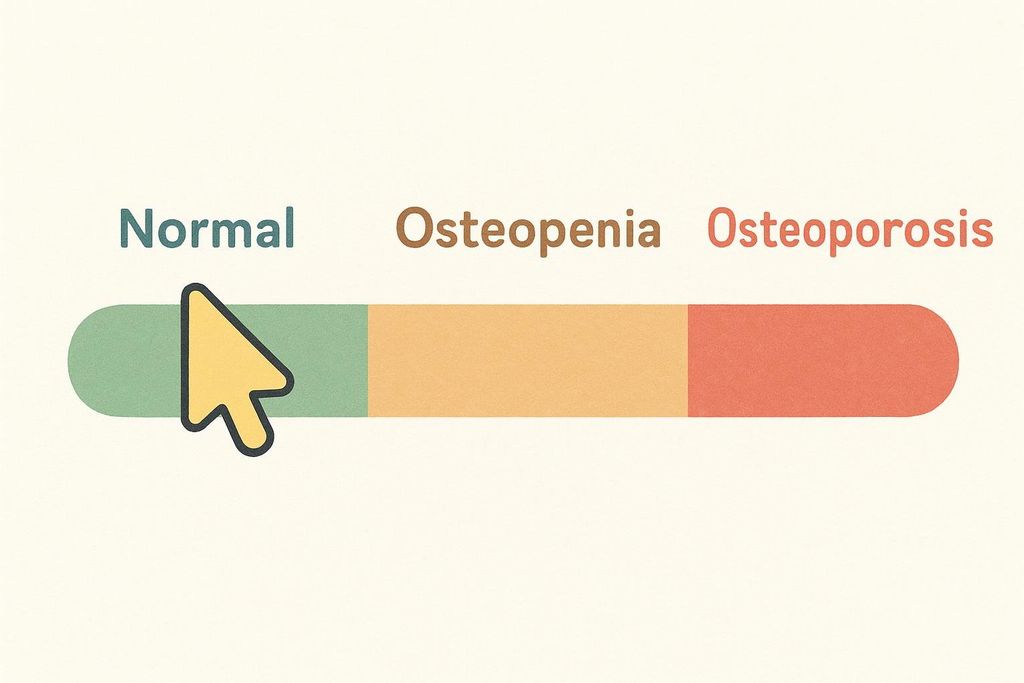 Conceptual illustration showing a bone density T-score range with a cursor pointing to 'Normal', followed by 'Osteopenia' and 'Osteoporosis' indicated by different colored sections.