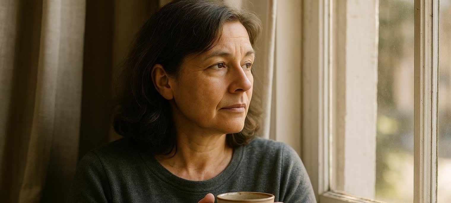A calm middle-aged woman reflecting by a window with a warm drink