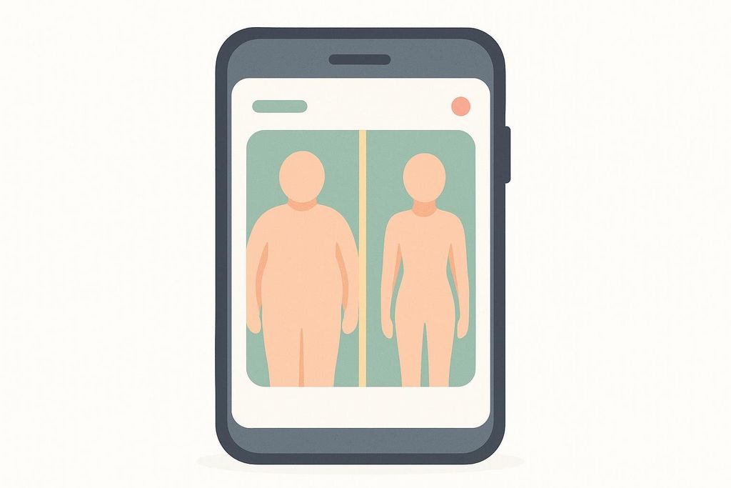 Illustration of a smartphone displaying 'before and after' human silhouettes as icons to represent progress tracking.