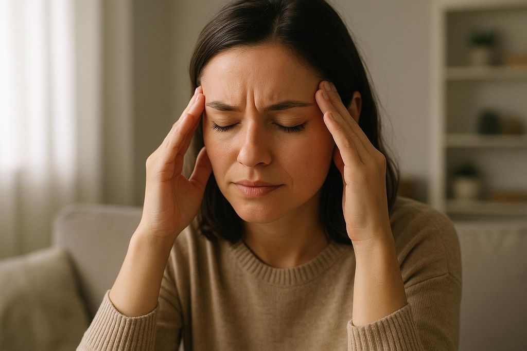 A woman with her eyes closed, gently massaging her temples with both hands, indicating a headache or stress.