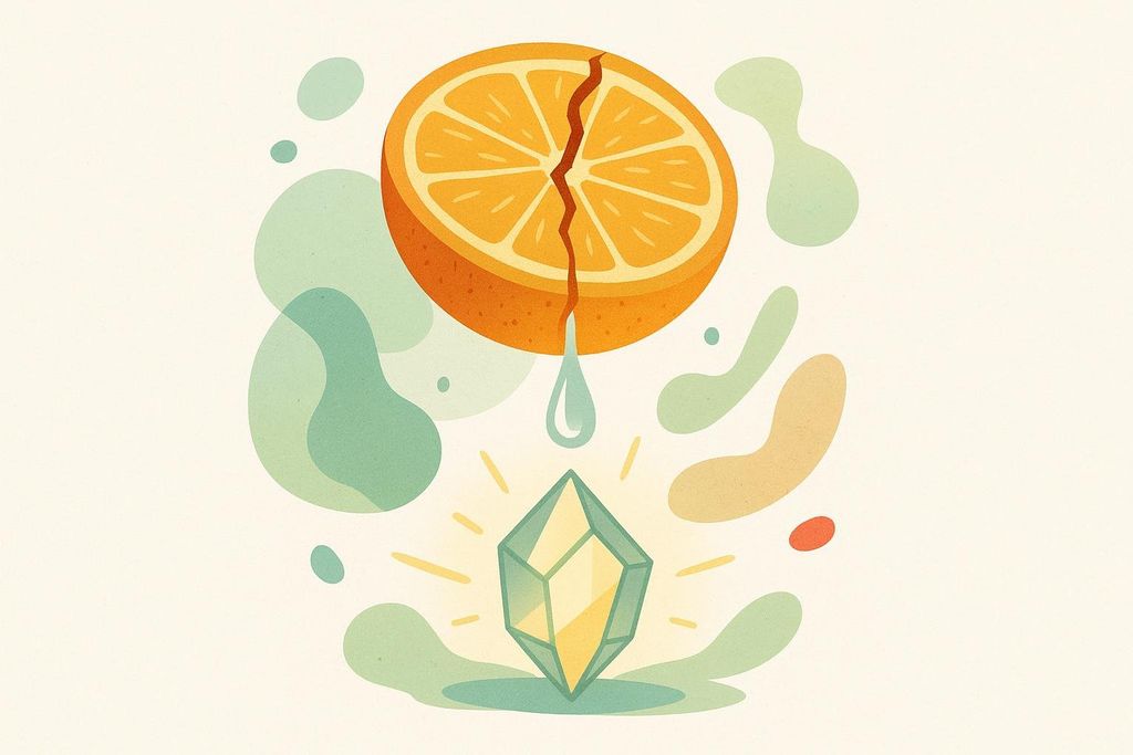 An illustration of a cracked orange half dripping juice onto a glowing green and yellow crystal. Abstract green, orange, and blue shapes float in the background.