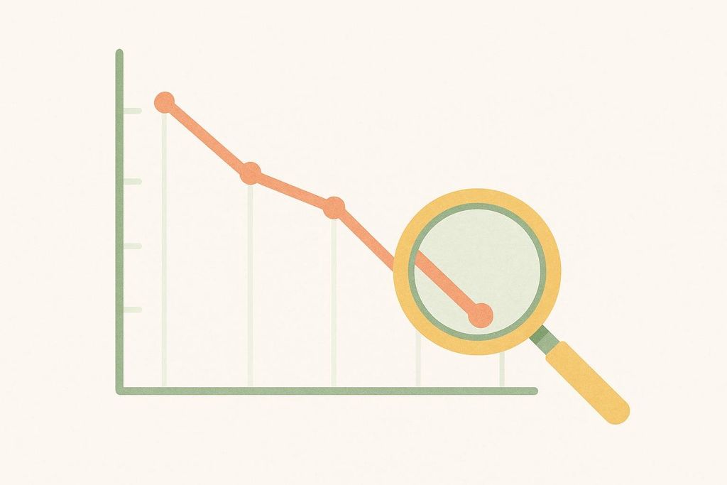 A stylized downward sloping line graph with an orange line plotted on a green axis, representing tracking progress or a decline. A magnifying glass is positioned over the graph, suggesting analysis or close examination.