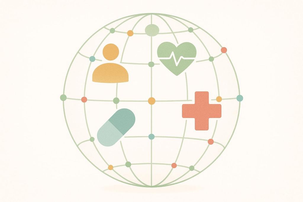 An abstract illustration of a wireframe globe with dotted connections, representing a network. Inside the globe are icons symbolizing health and wellness: a person (representing patients or individuals), a heart with a heartbeat line, a medical cross, and a pill. The icons are in soft, muted colors like green, orange, and blue-green.