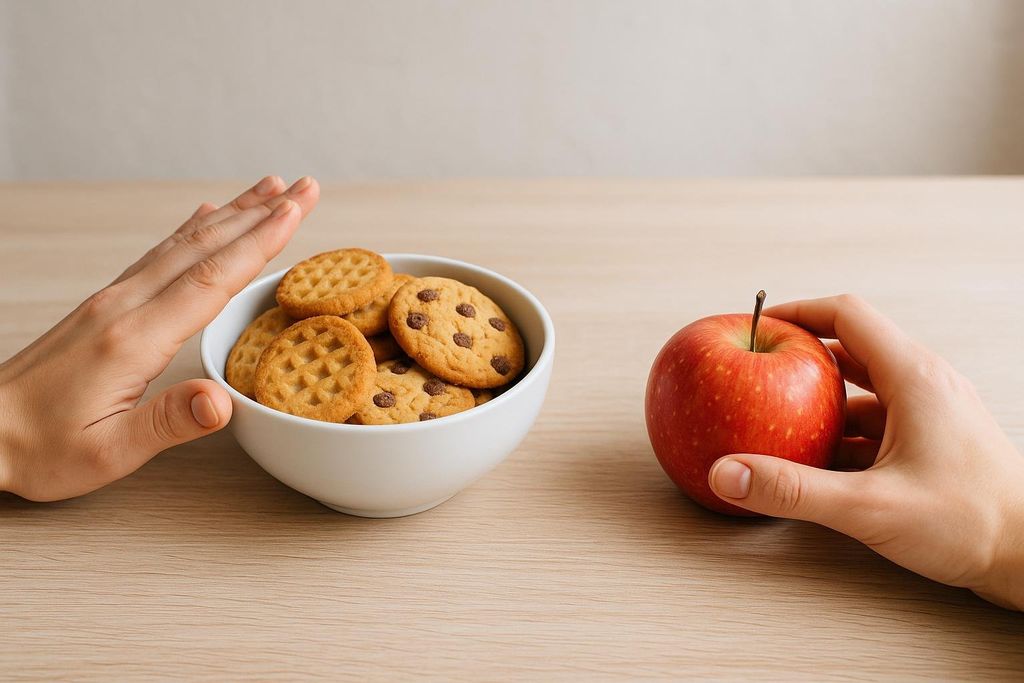 A person's left hand pushes away a bowl of cookies, while their right hand holds a red apple, symbolizing a healthy food choice.