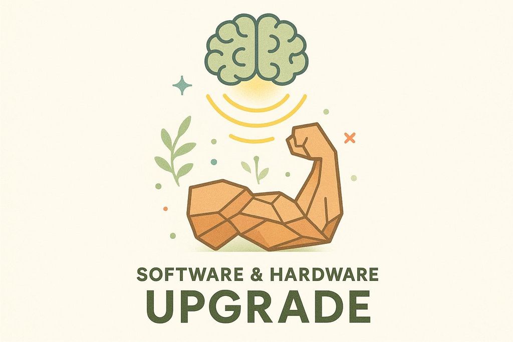 An illustration showing a stylized brain sending signals to a muscular arm, symbolizing the connection between mind and body. The text below reads "SOFTWARE & HARDWARE UPGRADE," suggesting improvement or optimization.