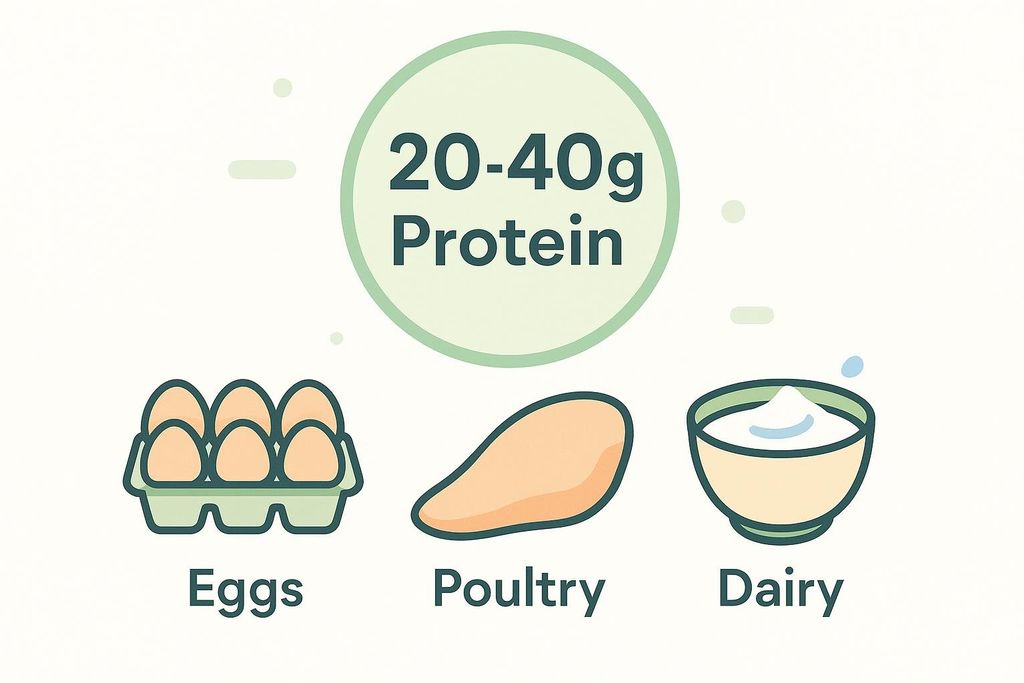 Illustration highlighting the 20 to 40 gram protein target surrounded by icons for eggs, poultry, and dairy.