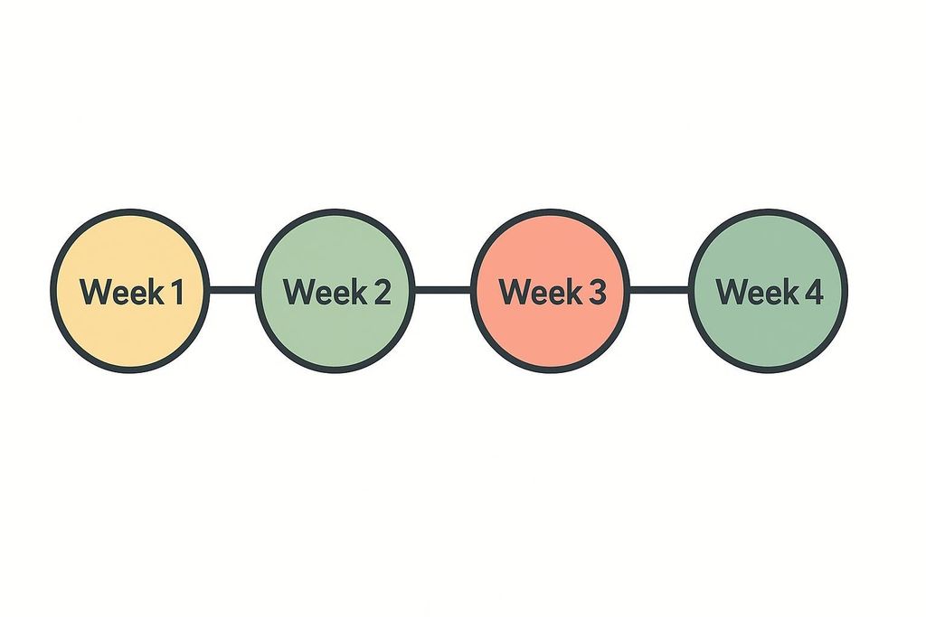 A timeline graphic showing four circles connected by lines. The circles are labeled 'Week 1' (yellow), 'Week 2' (green), 'Week 3' (orange), and 'Week 4' (green).