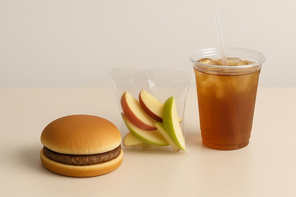 A lighter McDonald's meal option: a plain hamburger, apple slices, and unsweetened iced tea arranged on a beige surface.