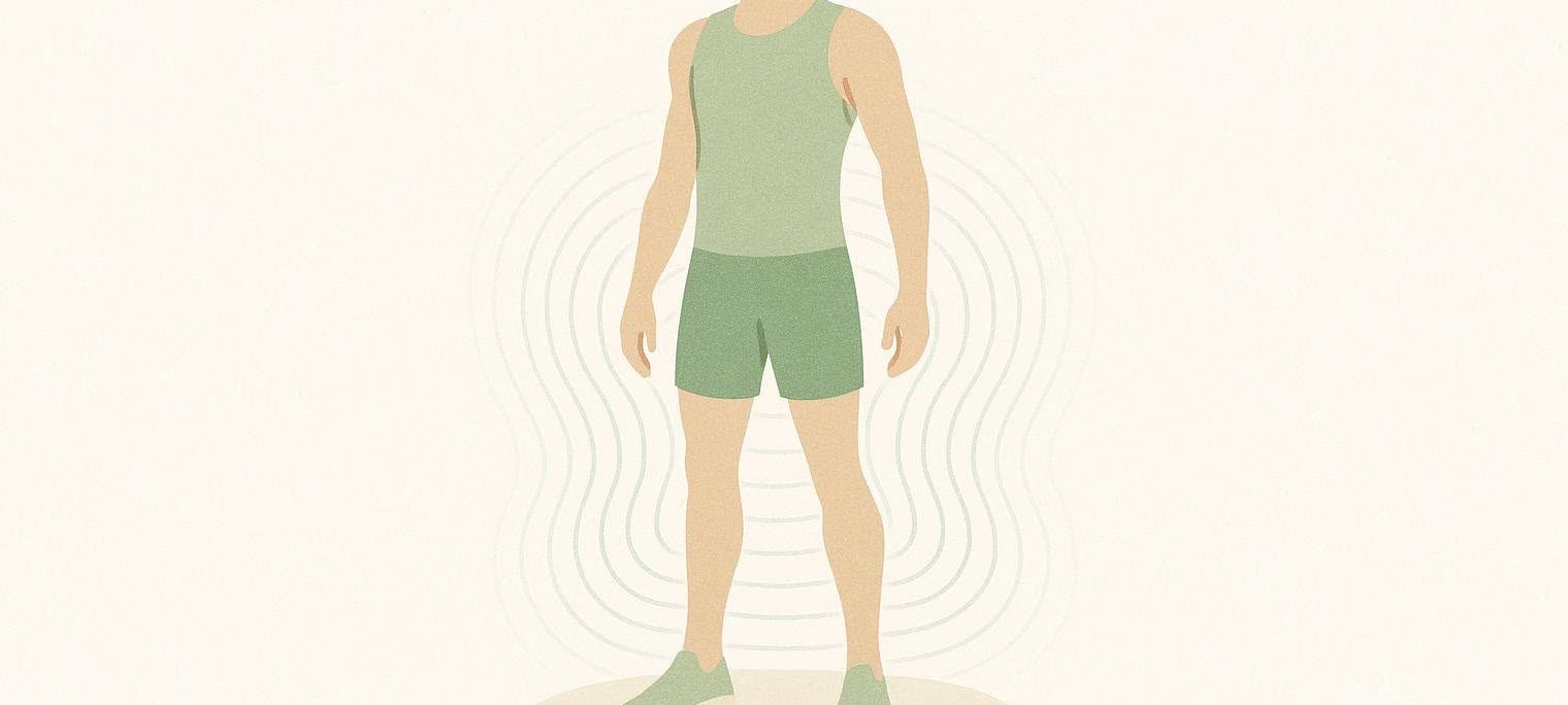 An illustration showing vibration waves emanating upwards from a platform under a person's feet and moving up their body. The person is represented by a simple figure in green athletic wear.