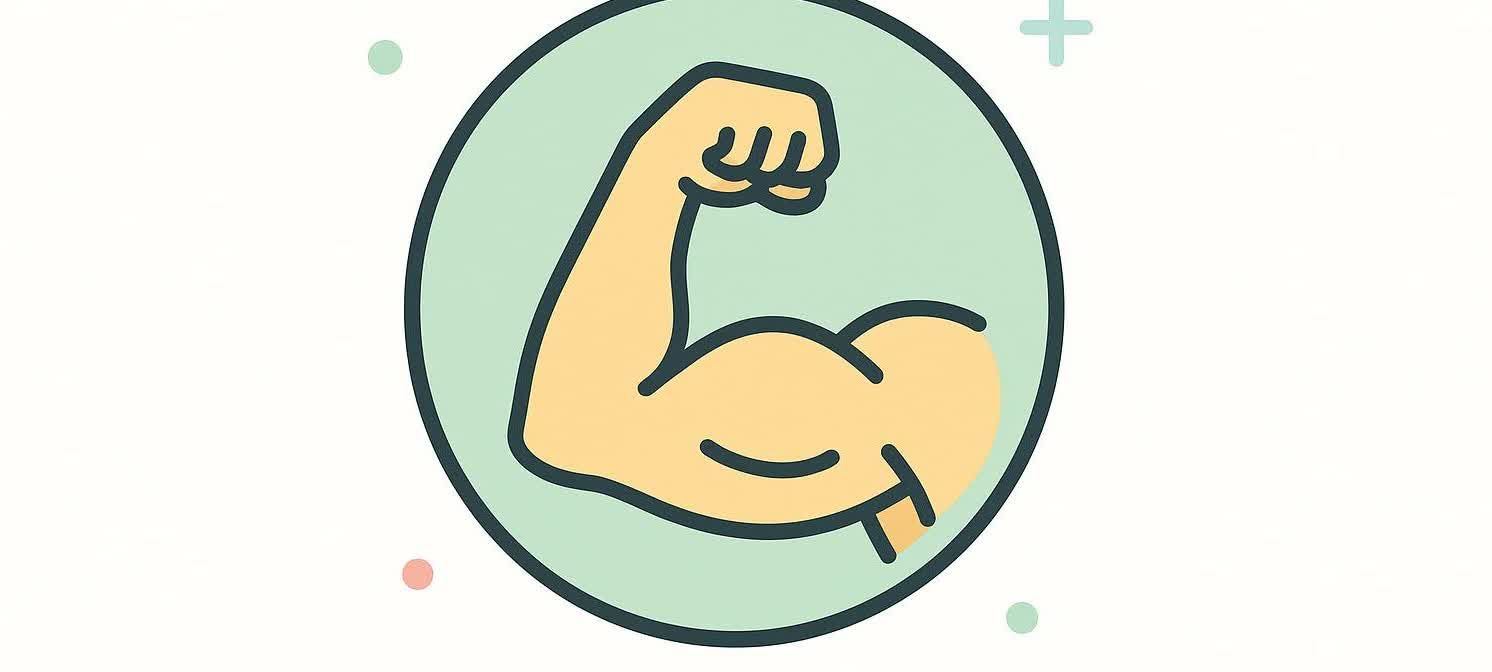 A cartoon illustration of a flexed bicep, colored in yellow with a dark outline. It is centered within a light green circle, on a white background with small colored dots and a plus sign.