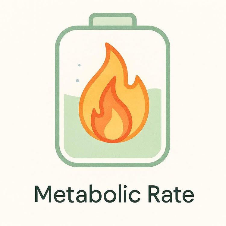 An icon depicting a battery with a flame inside it. Below the battery, written in dark green, are the words 'Metabolic Rate'.