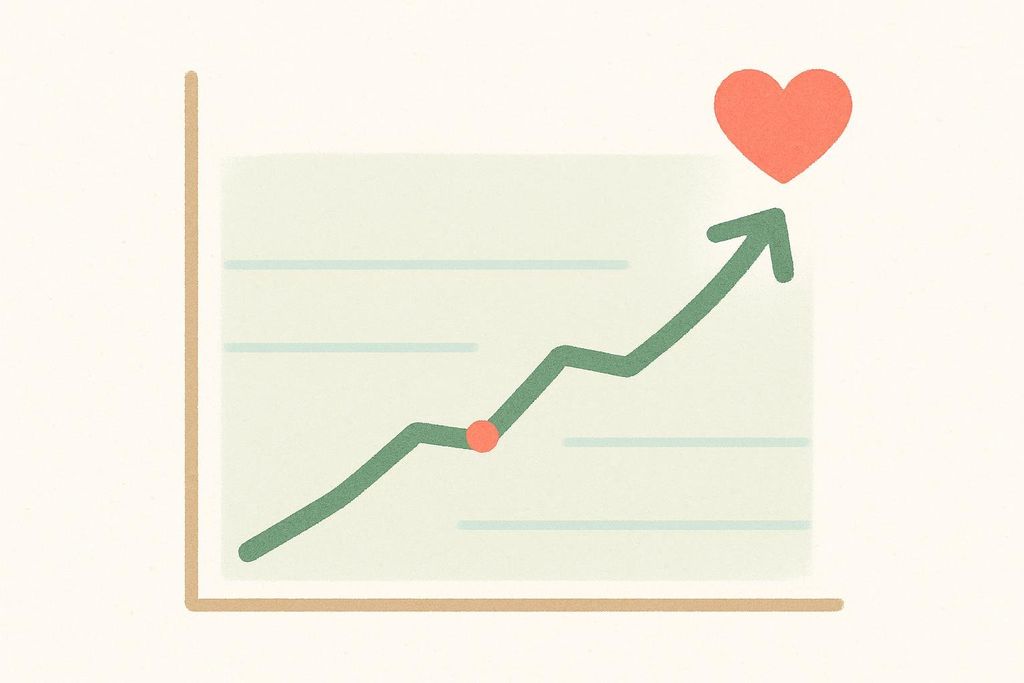 An illustration of an upward-trending line graph with grid lines and a single data point, culminating in a red heart at the end of the line, symbolizing improvement or growth related to health or happiness.