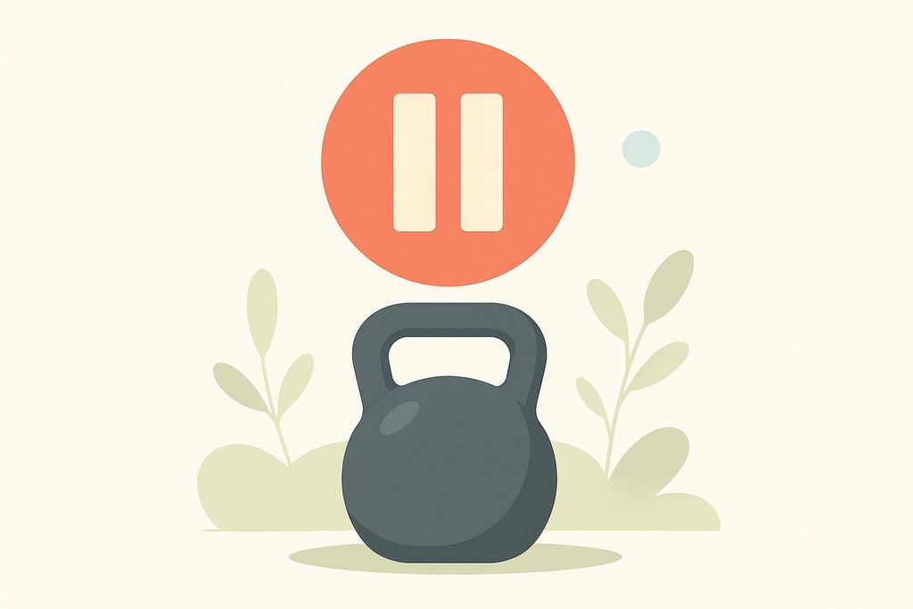An illustration of a gray kettlebell with a red circular pause button floating above it, set against a light background with subtle green foliage elements. This imagery represents taking a break or rest interval during a workout.