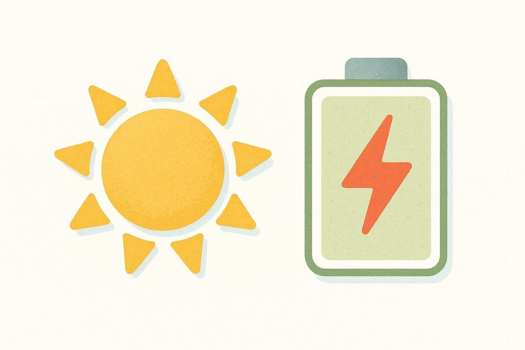 An illustration depicting a bright yellow sun with radiating triangles next to a rectangular green battery with a red lightning bolt symbol inside, suggesting energy or power.