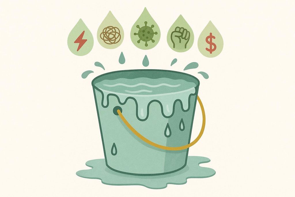 An illustration of a bucket overflowing with water, representing a person's capacity. Above the bucket are five green droplets, each containing an icon: a lightning bolt (stress), tangled lines (anxiety), a virus (illness), a fist (struggle/anger), and a dollar sign (financial stress). These droplets are falling into the bucket, signifying how various stressors contribute to overwhelm.