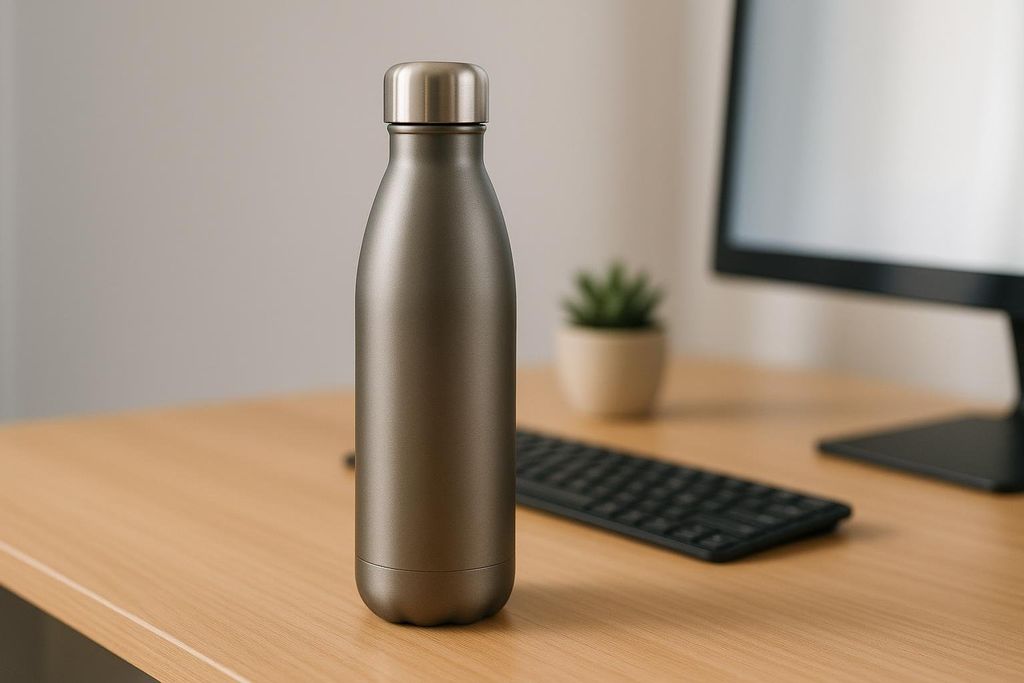 A high-quality stainless steel water bottle sitting on a clean wooden office desk.