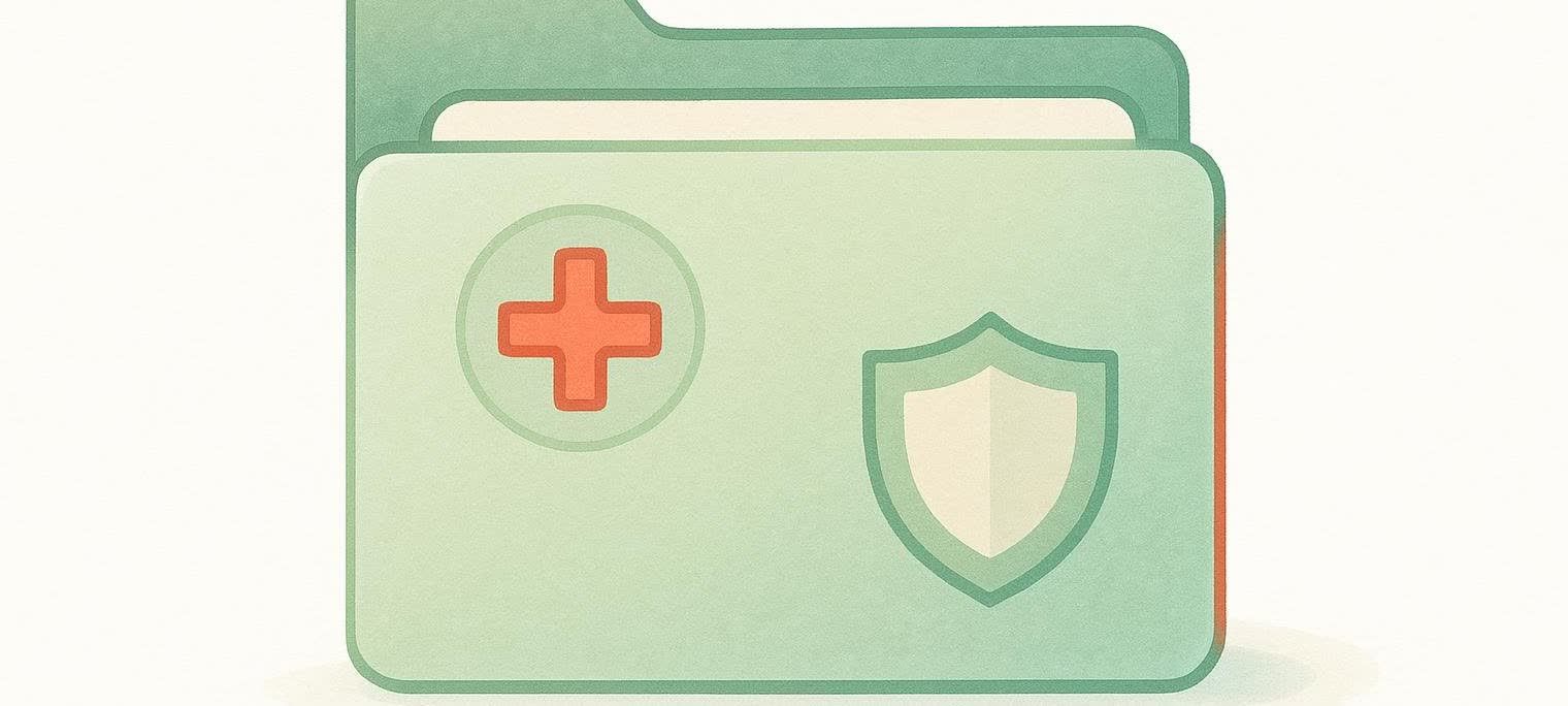 An illustration of a light green medical folder, symbolizing insurance policies. It features a red cross icon representing health and a white shield icon for protection, against a white background.