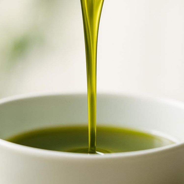 Detailed close-up of premium extra virgin olive oil pouring against a white background.