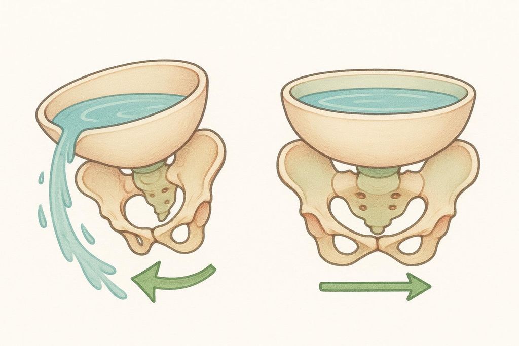 An illustration of the 'pelvis as a bowl' analogy, showing how an anterior tilt causes misalignment and water to spill, compared to a correctly aligned pelvis with contained water.