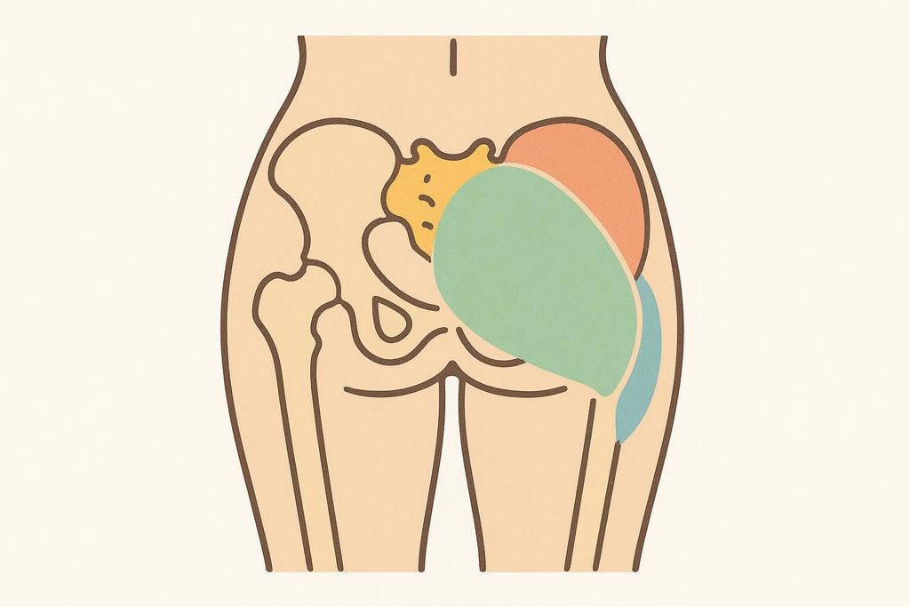 Simplified anatomical illustration showing the approximate locations of the three main glute muscles.