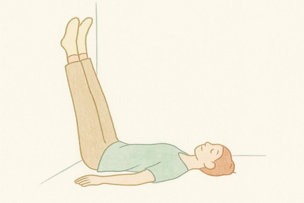 An illustration of a person lying on their back with their legs straight up against a wall, demonstrating the 'legs up the wall' yoga pose for relaxation and improved circulation.