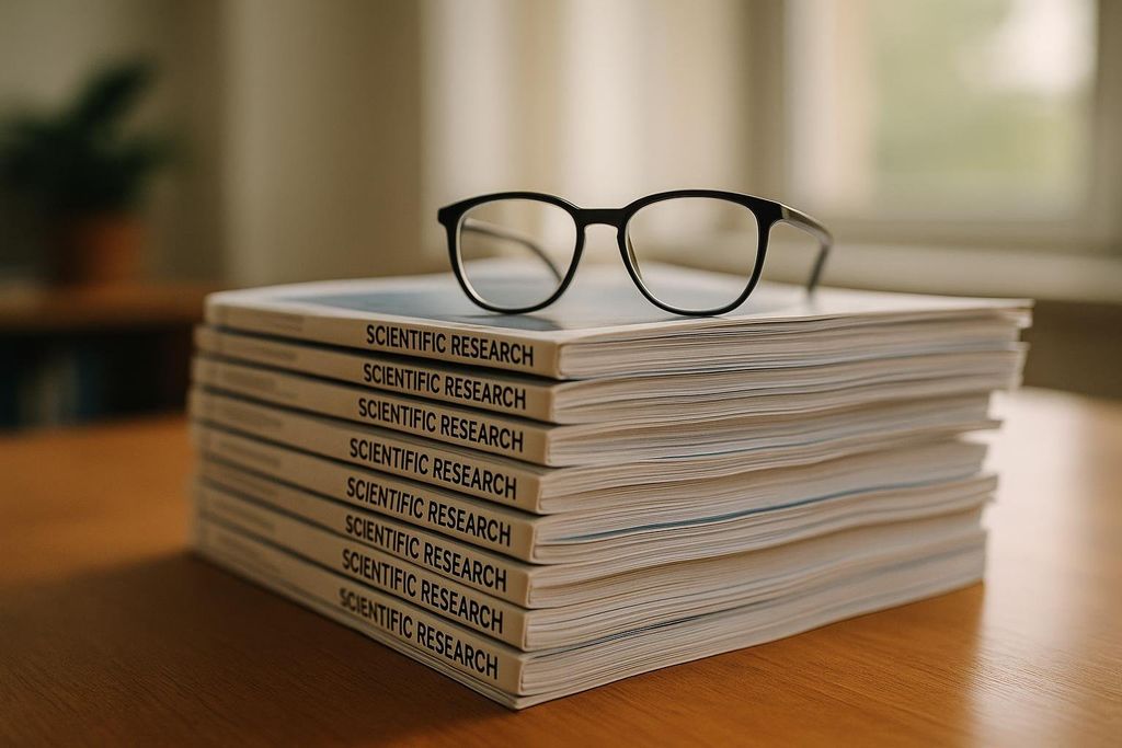 A stack of 'Scientific Research' journals on a wooden desk, with a pair of black-rimmed reading glasses resting on the top journal. The background is blurred, showing a hint of a window and a plant.